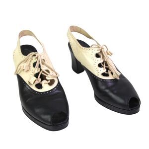 Stephane Kelian BLACK BEIGE LEATHER MID HEEL OPEN TOE LACE SLINGBACK SANDALS 5